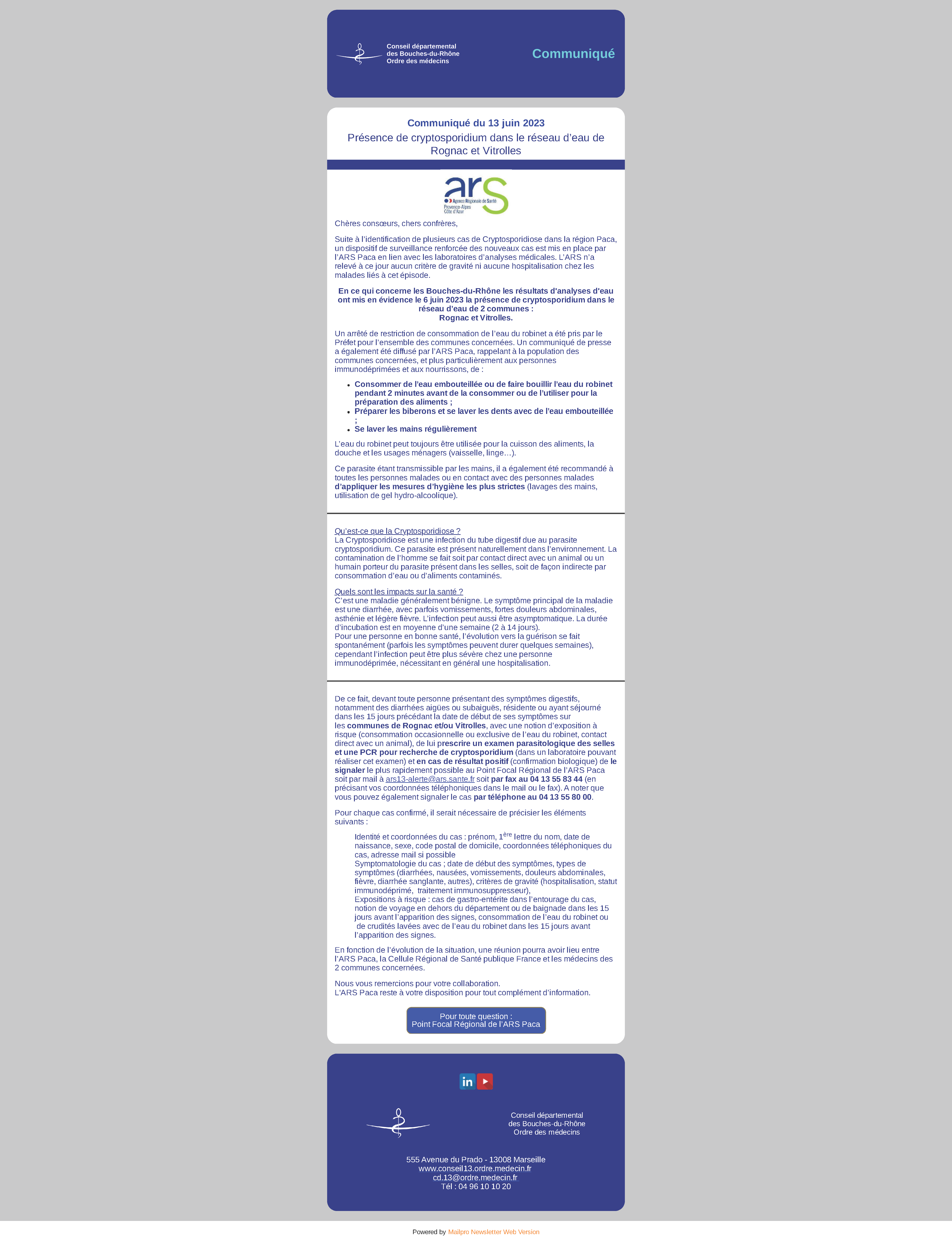 Communiqué 23.06.14 Présence de cryptosporidium - réseau d’eau de Rognac et Vitrolles
